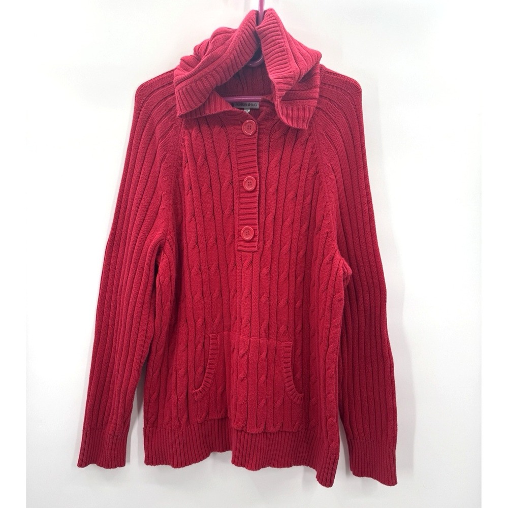 Hooded Cable Knit Sweater Red 2X Nautical Fisherman Preppy 90s Chunky Cabin Cozy